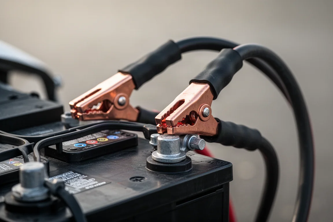 Heavy-duty jump starter clamps connected to a car battery terminal