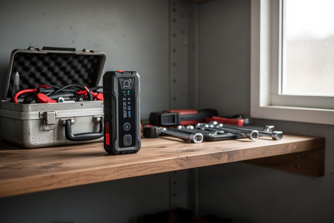 Compact jump starter resting on a garage shelf next to a car toolkit