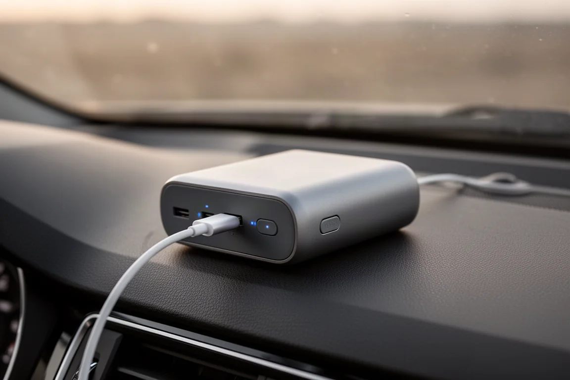 USB-C cable plugged into a portable power pack on a car dashboard