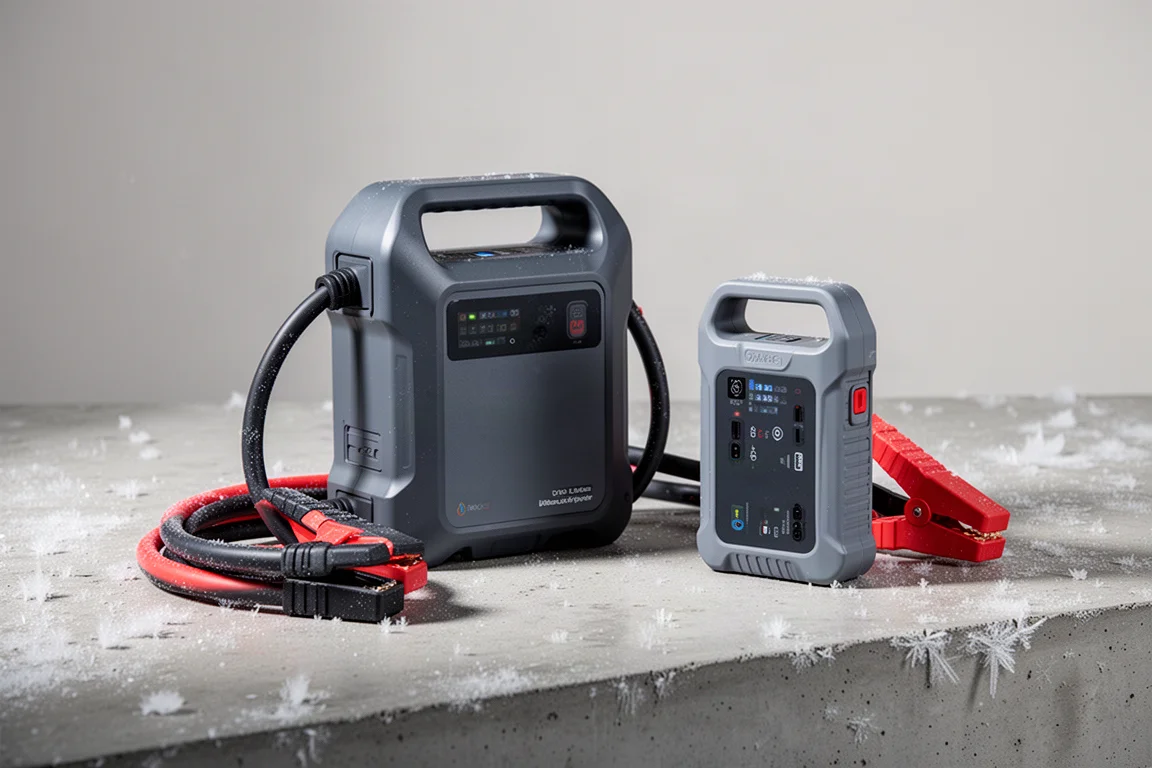 Large and small portable jump starter packs side by side on concrete with frost