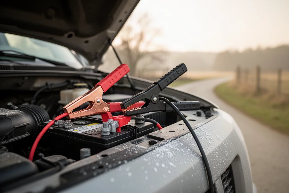 Pinces d'un démarreur portable branchées sur la batterie d'un camion dans une allée rurale