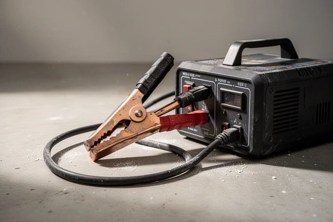 Connecteur à pince de gros format d'un démarreur de taille moyenne posé sur du béton