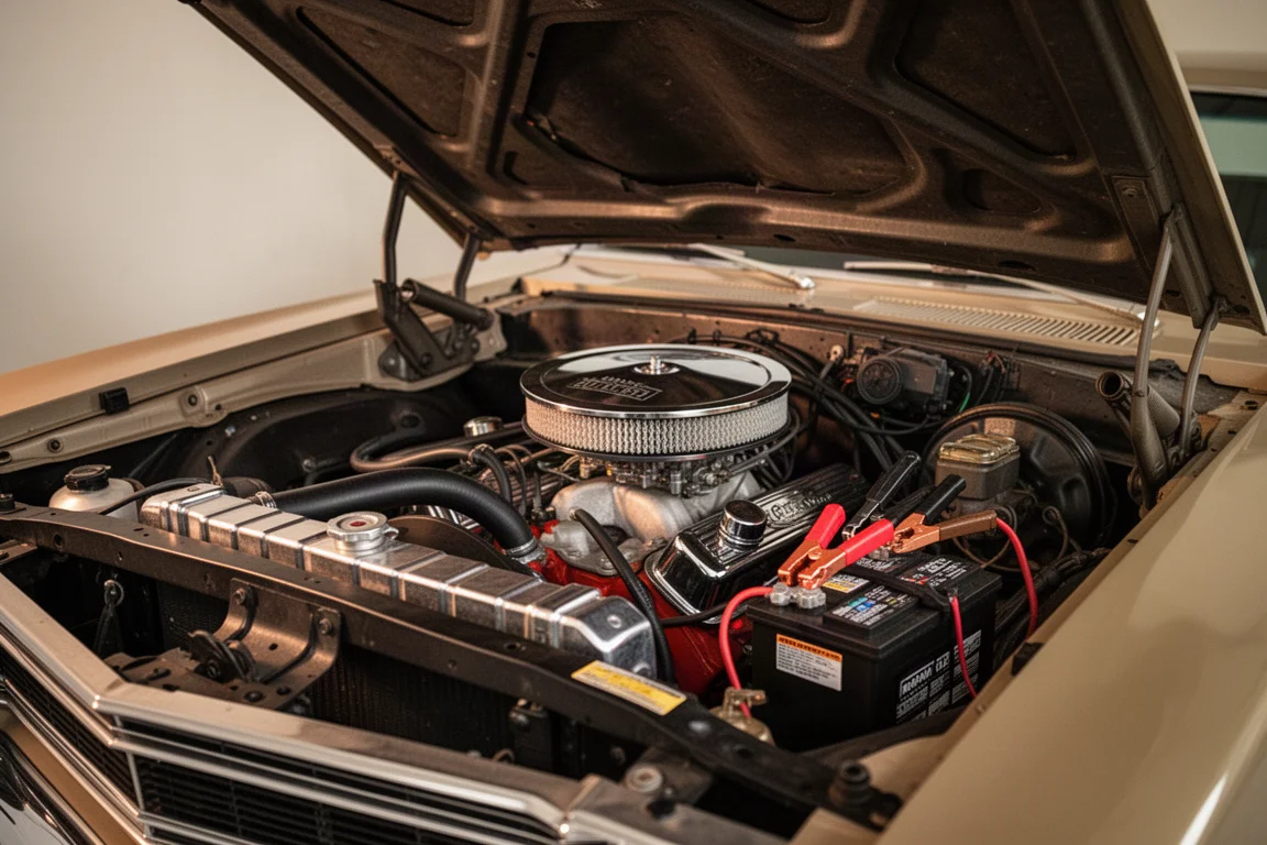 Arrancador poniendo en marcha el vano motor de un gran V8 clásico