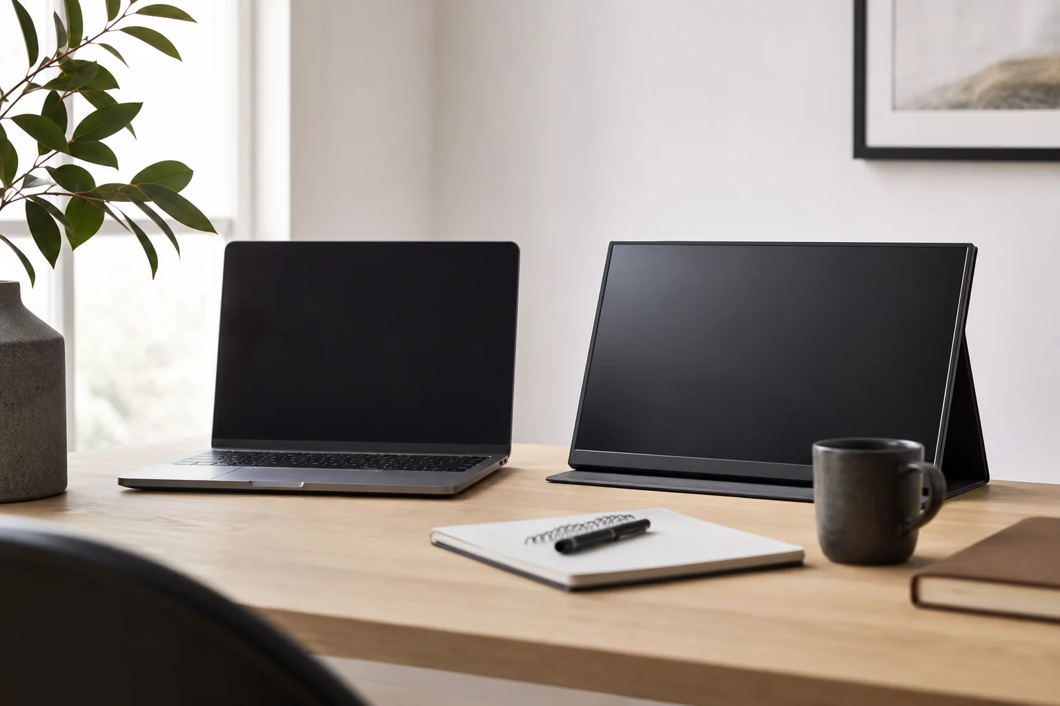 Professionell person som arbetar vid ett skrivbord med en bärbar skärm som utökar arbetsytan
