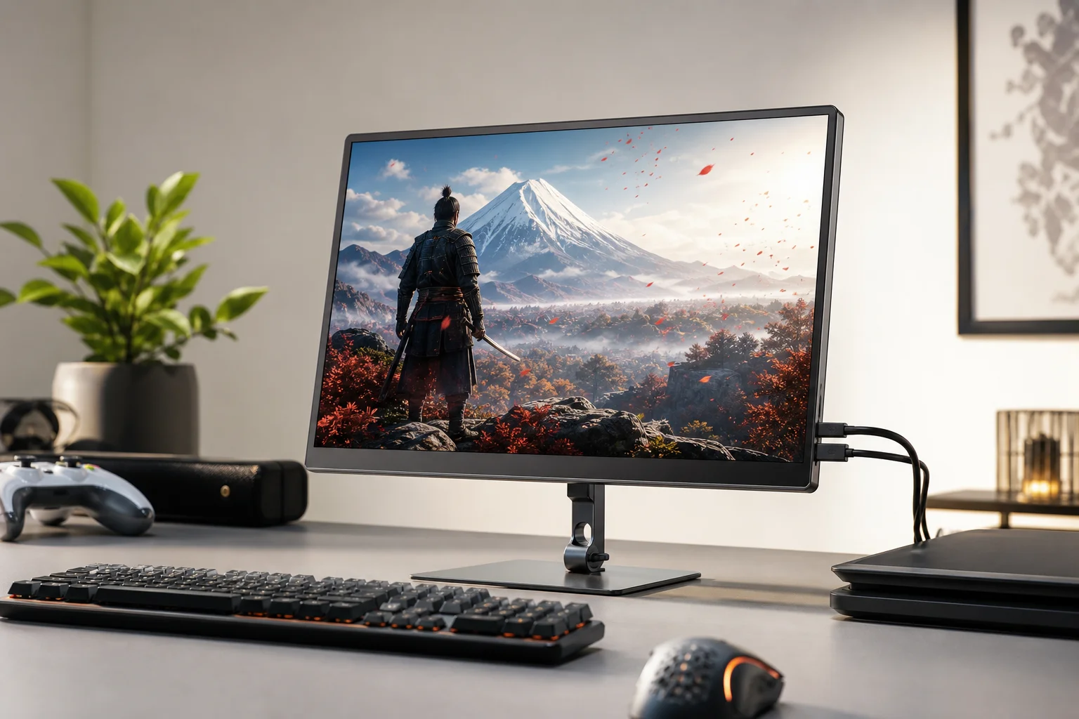 Gaming-setup med en bärbar skärm som visar snabbrörligt innehåll med hög uppdateringsfrekvens