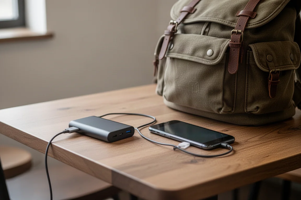 Sac à dos de voyageur sur une table de café avec un téléphone et une batterie fine en charge