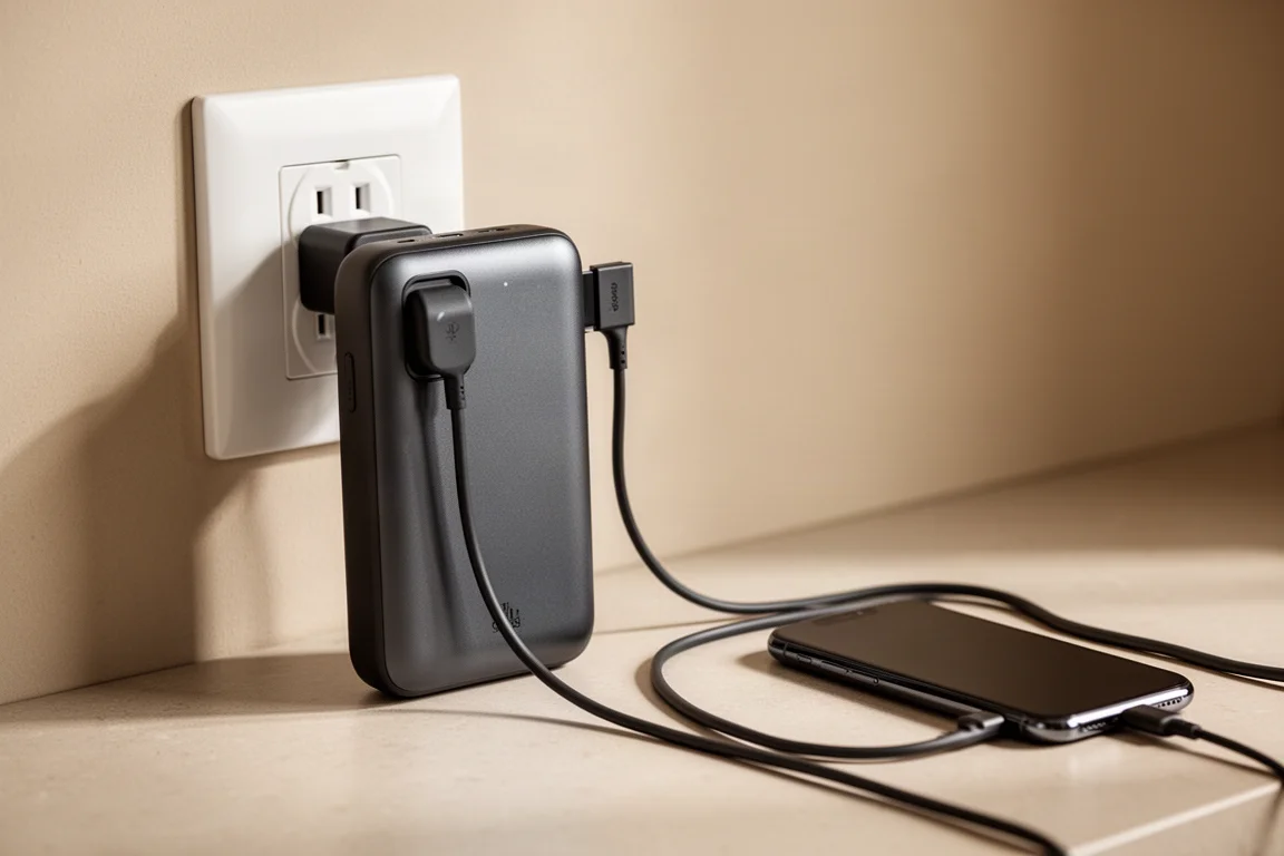 Batterie externe branchée directement sur une prise murale en charge à côté d'un téléphone
