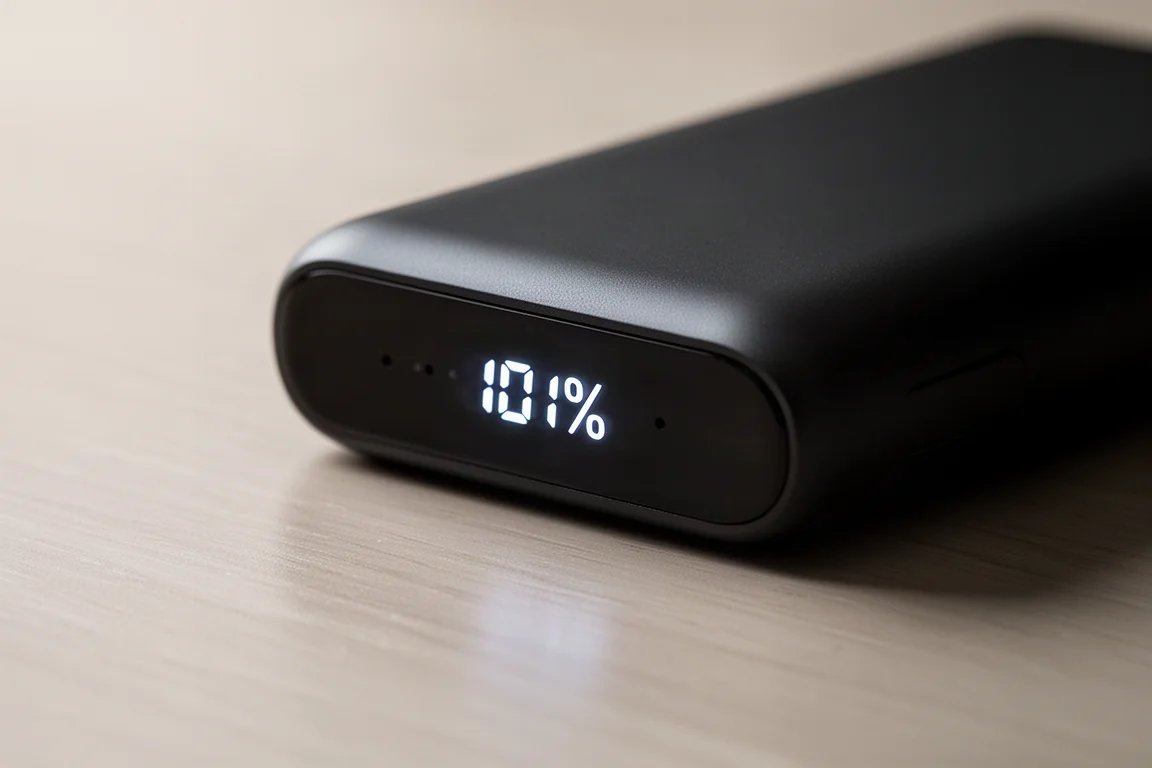 Petit affichage en pourcentage sur une batterie externe indiquant le niveau de charge