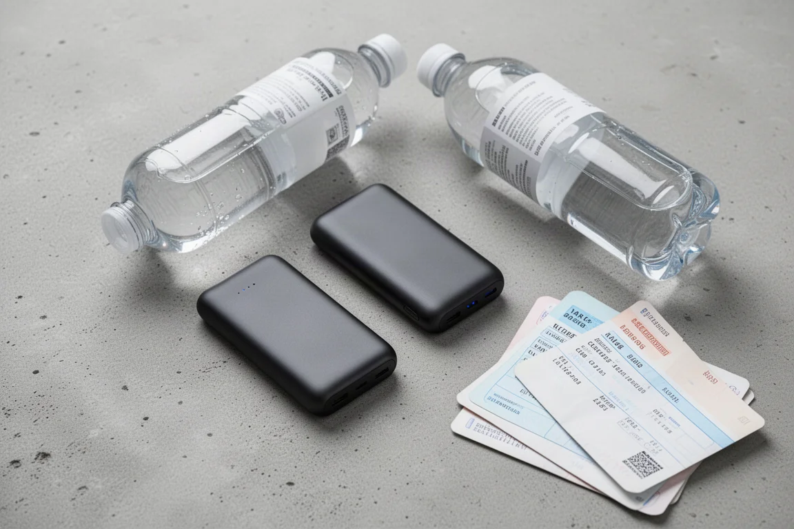 Batteries externes fines et étanches à côté d'une gourde dans un sac banane de voyage