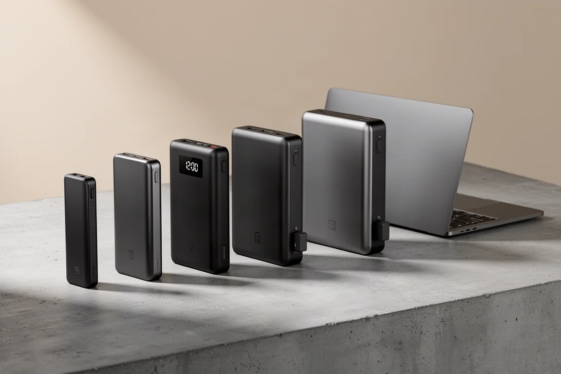 Seven power banks of varying sizes lined up on a concrete surface