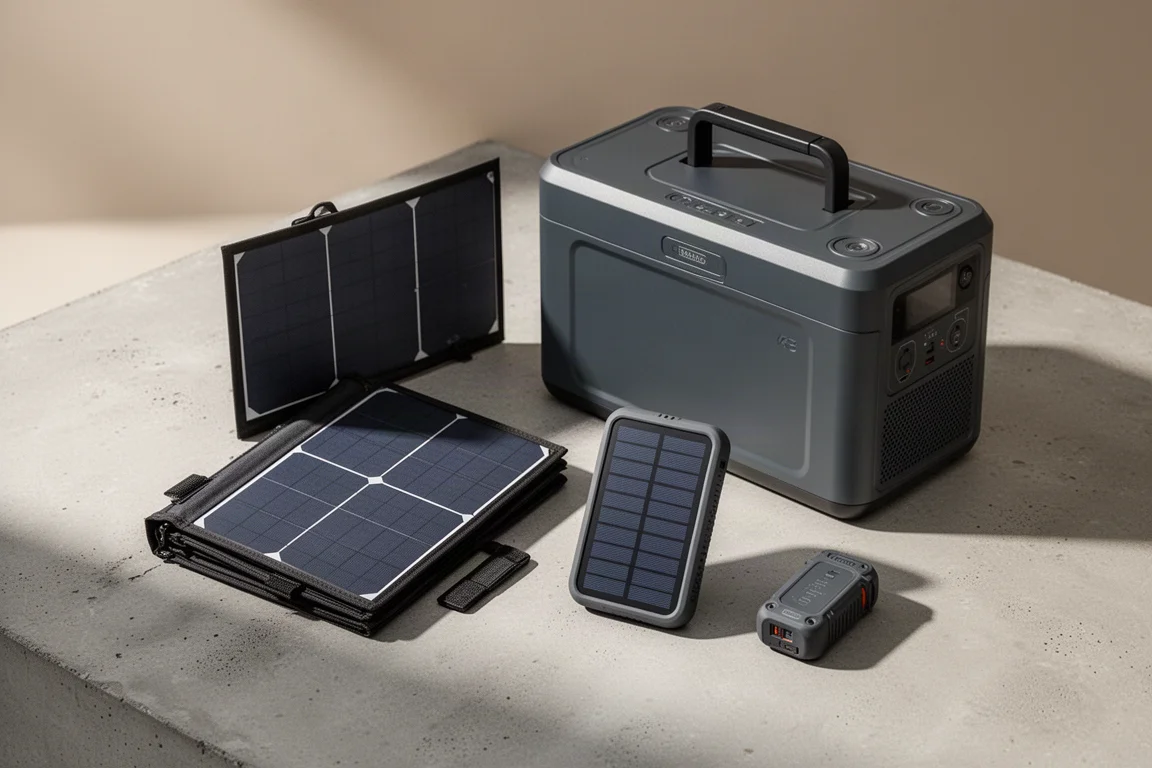 Portable power station, folding solar panel, solar power bank and small camping gadget on concrete