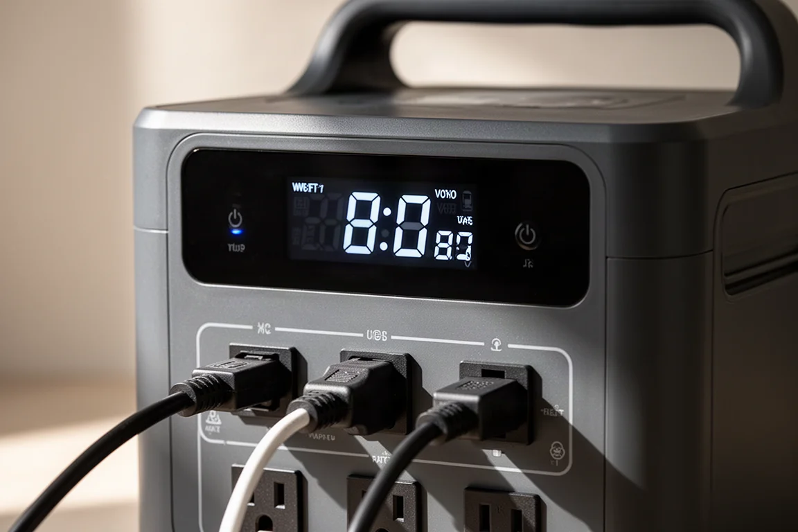 行動電源站顯示螢幕特寫,顯示瓦數和電壓讀數