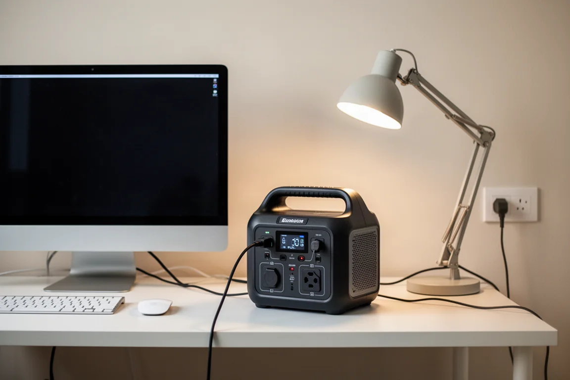 行動電源站連接電腦和燈具,在桌上進行UPS測試
