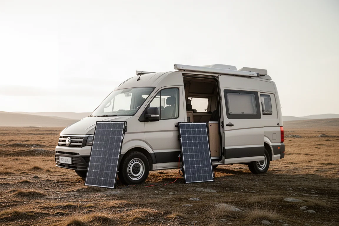 Furgone camper convertito parcheggiato in un paesaggio remoto con un pannello solare all'esterno