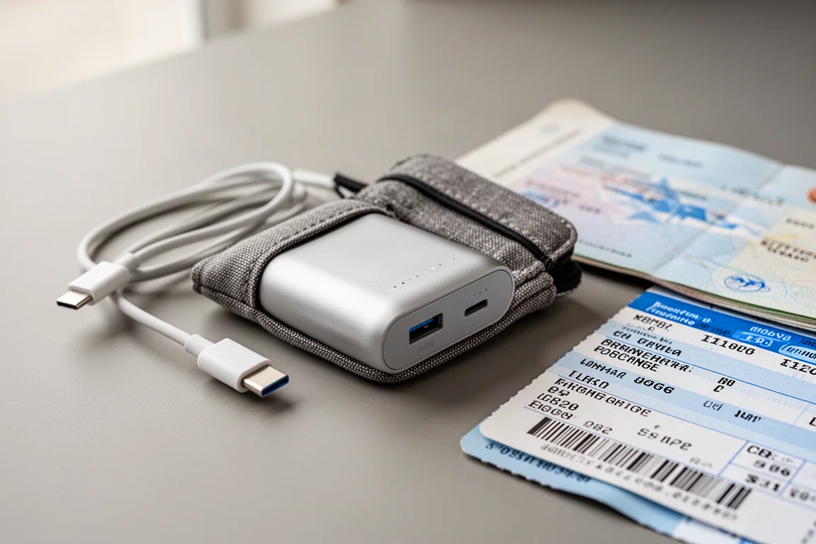 Power bank e cavo USB-C nel bagaglio a mano presso un cancello di imbarco in aeroporto