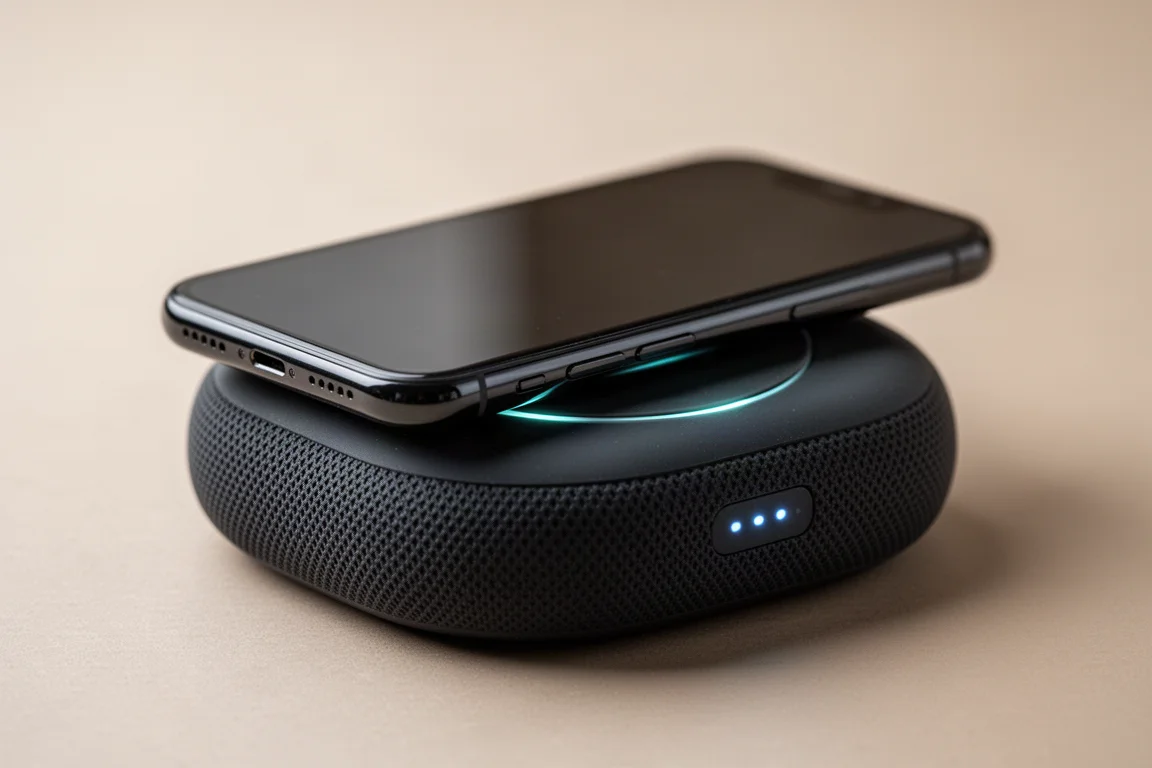 Smartphone in ricarica wireless sul pad superiore di un power bank