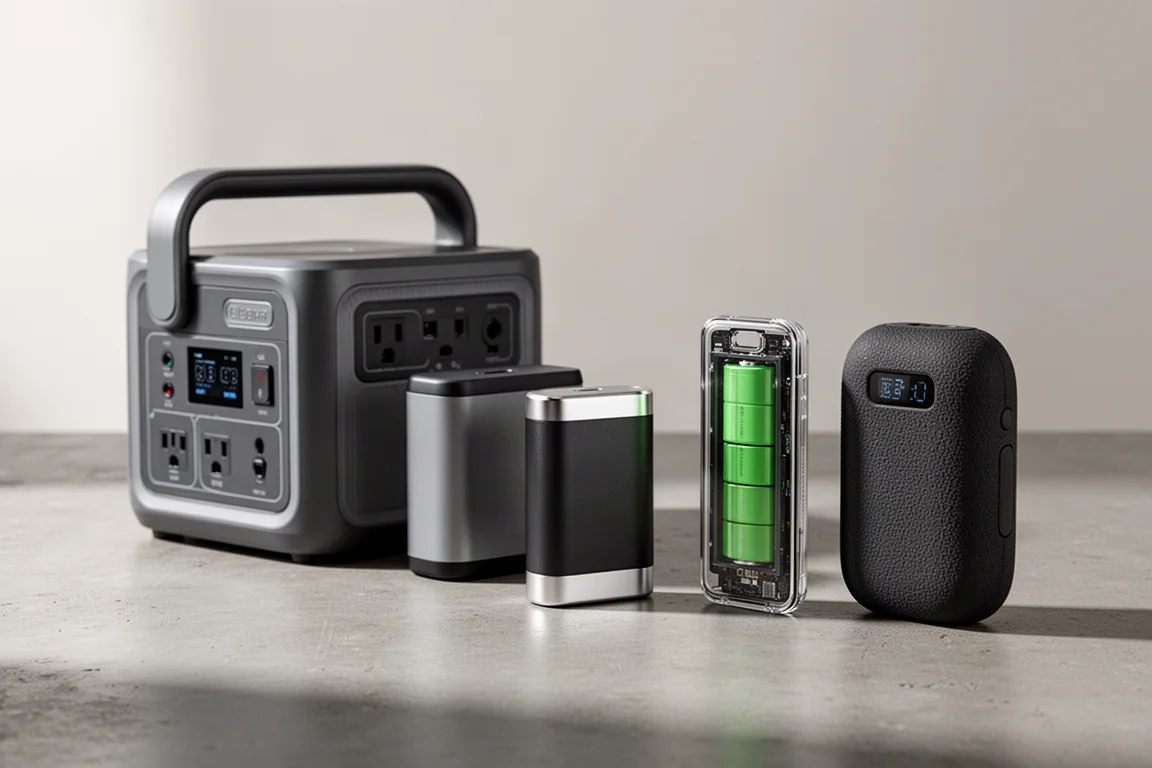 Twee draagbare powerstations en drie powerbanks op een betonnen onderdeel