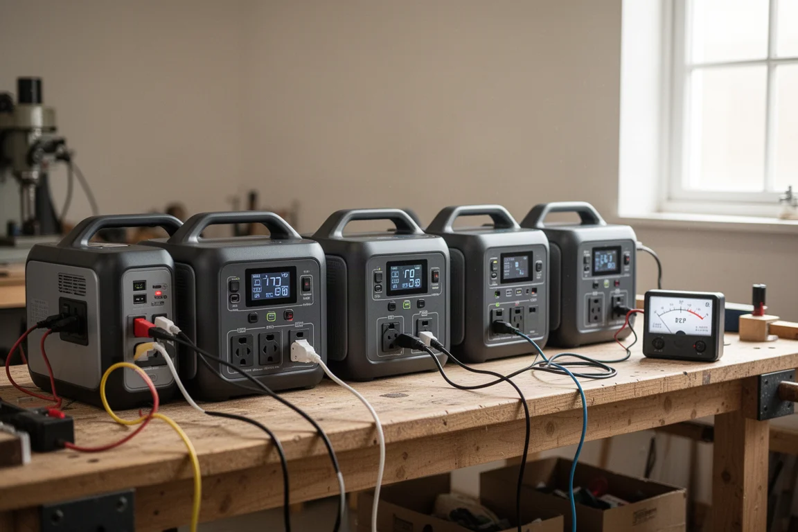 Row of portable power stations charging on a garage workbench