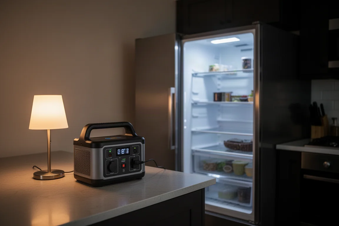 Portable power station powering a full-size refrigerator during a home outage