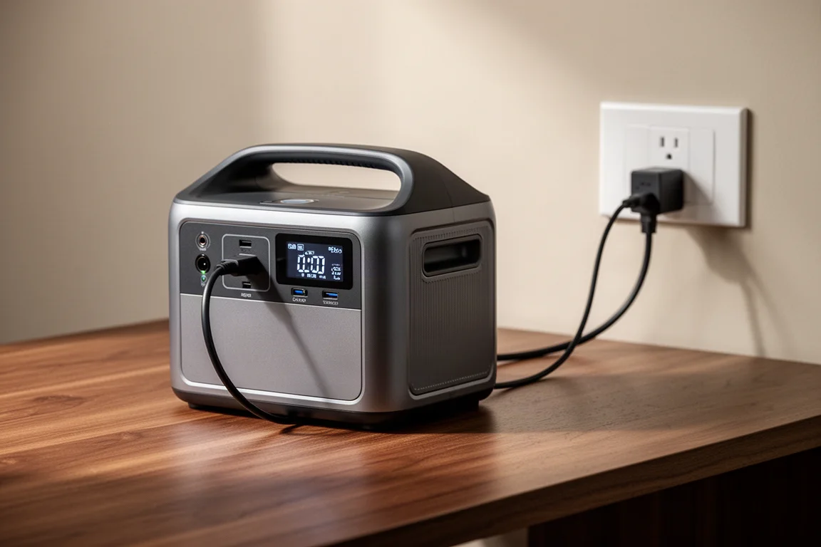 Power station charging rapidly with cable connected to wall outlet