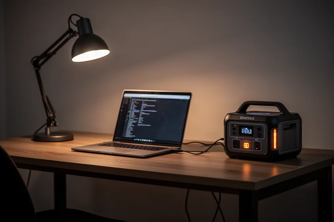 Laptop and desk lamp kept running by a power station during an outage