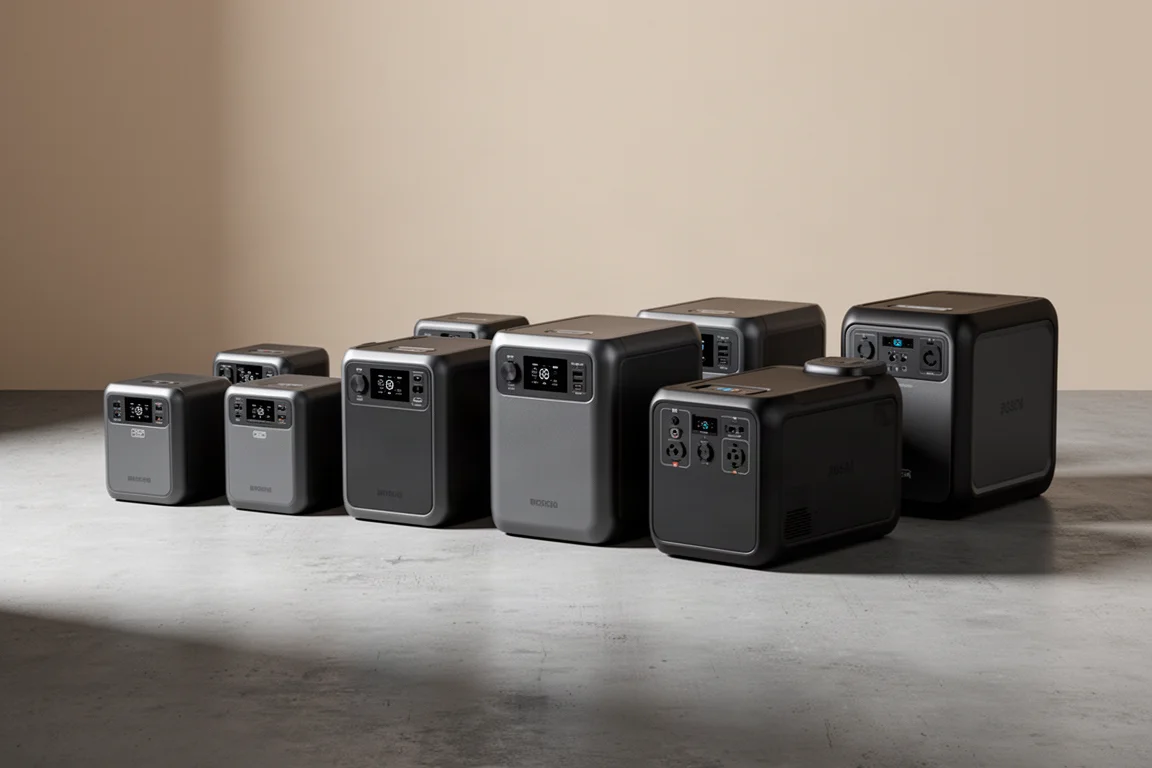 Nine portable power stations lined up on a matte concrete surface