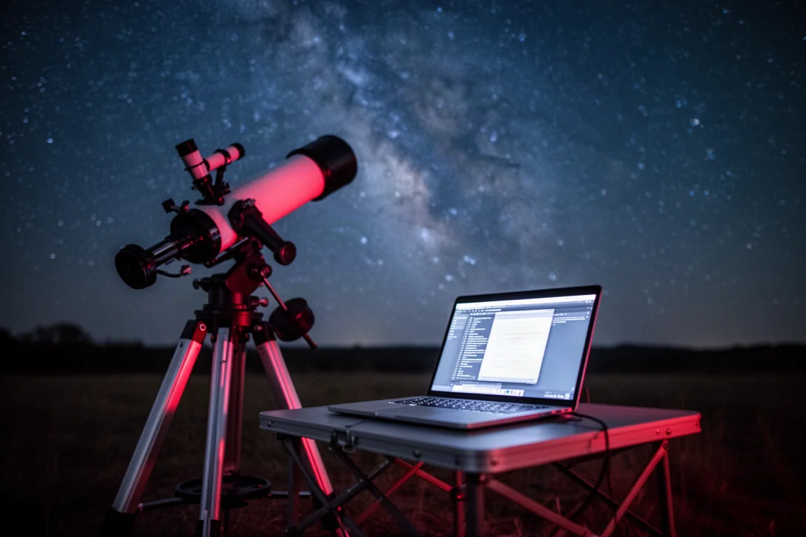 Teleskop und Laptop an einem dunklen Beobachtungsort in der Nacht aufgebaut