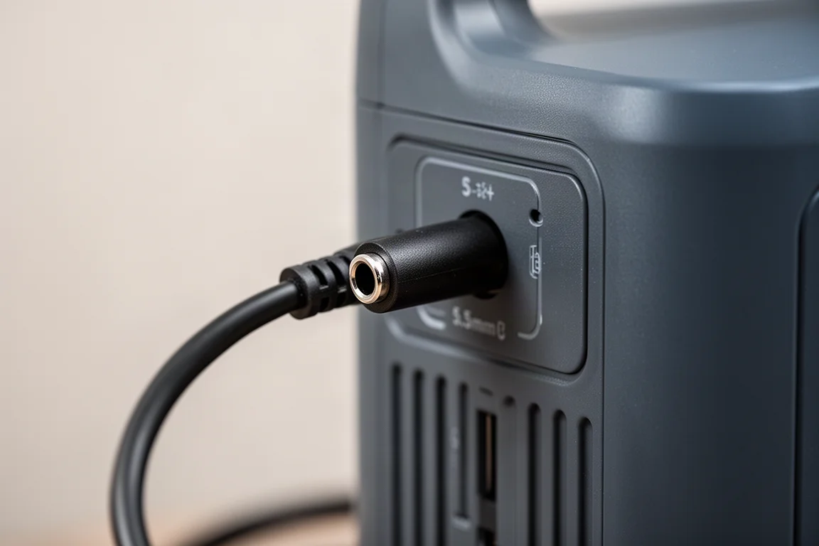 Nahaufnahme einer DC-Hohlsteuerdose und eines Kabels, verbunden mit einer Powerstation