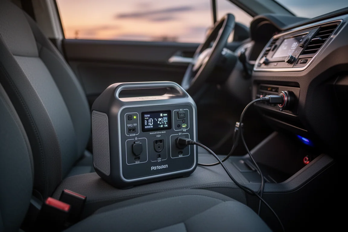 Powerstation lädt über eine 12-V-Autobuchse in einem Fahrzeug