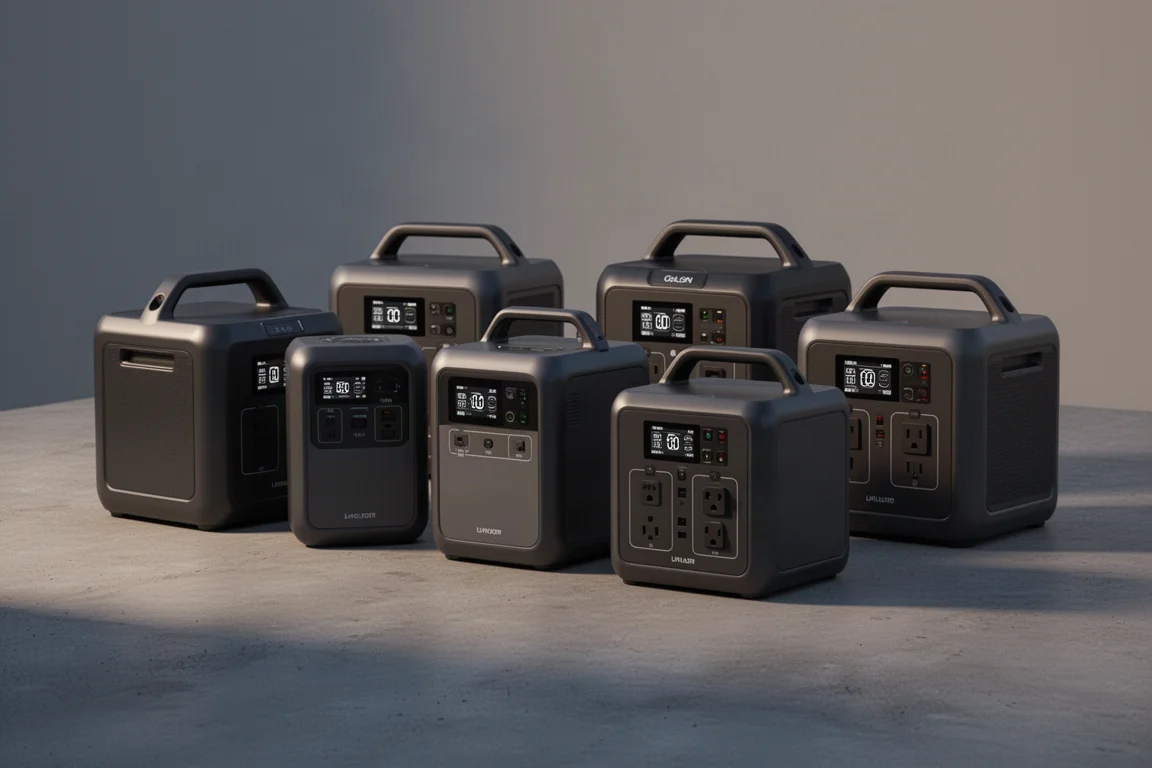 Several portable power stations lined up on a concrete surface at dusk