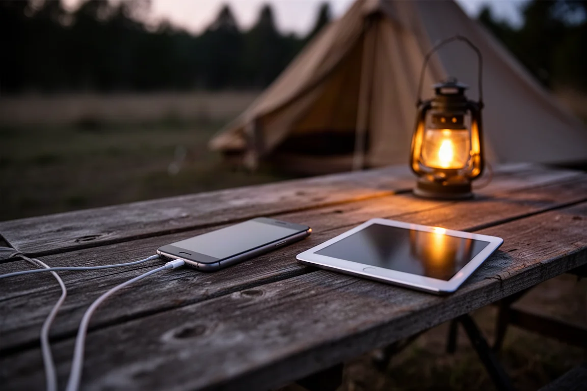 Primo piano di un cavo USB-C collegato a una power station portatile su un tavolo da campeggio in legno