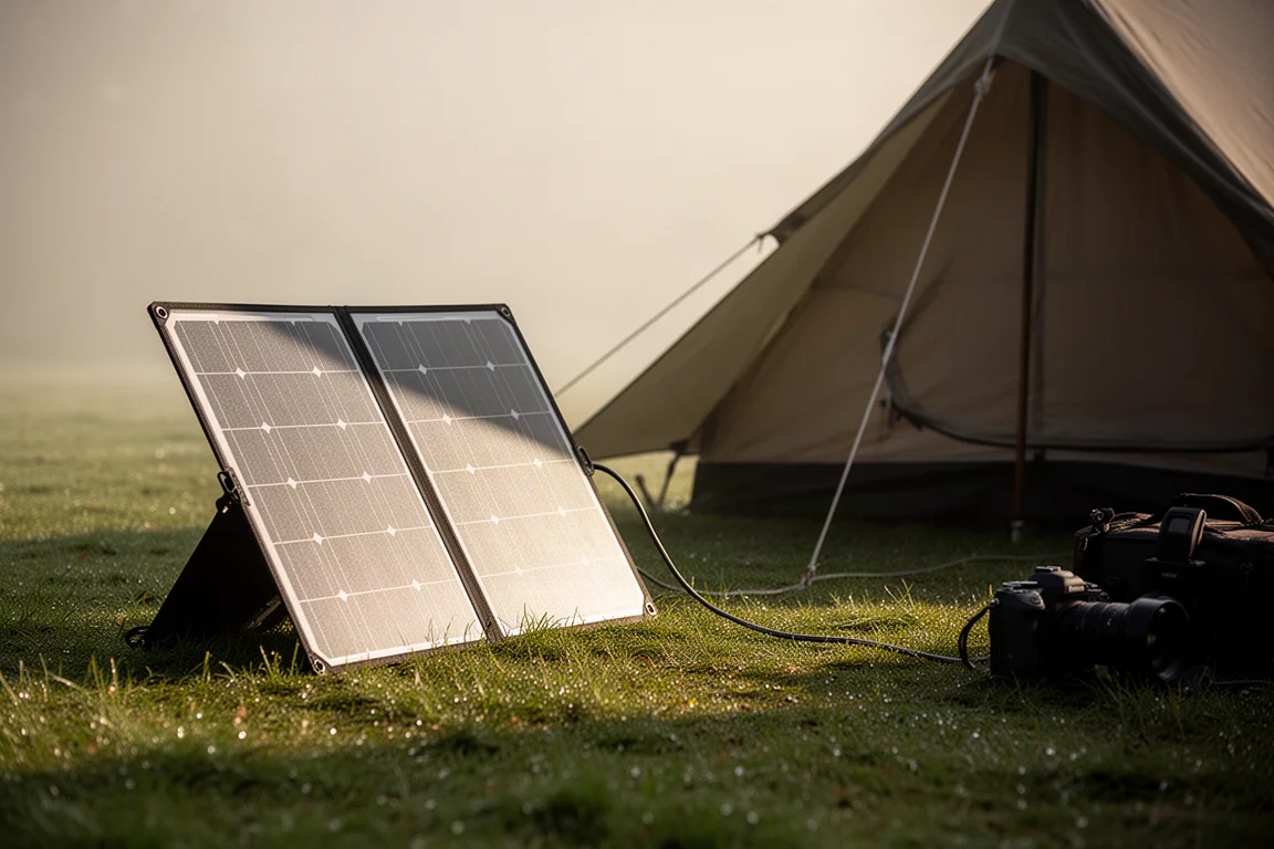 Pannello solare portatile pieghevole inclinato in un campeggio erboso soleggiato