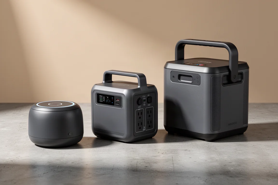 Three portable power stations of different sizes lined up on a concrete surface