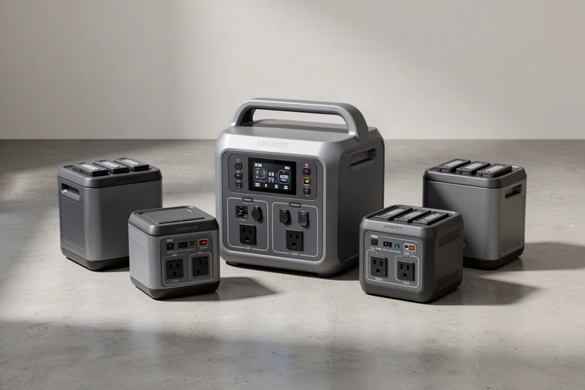Five portable power stations arranged on a concrete floor in soft studio light