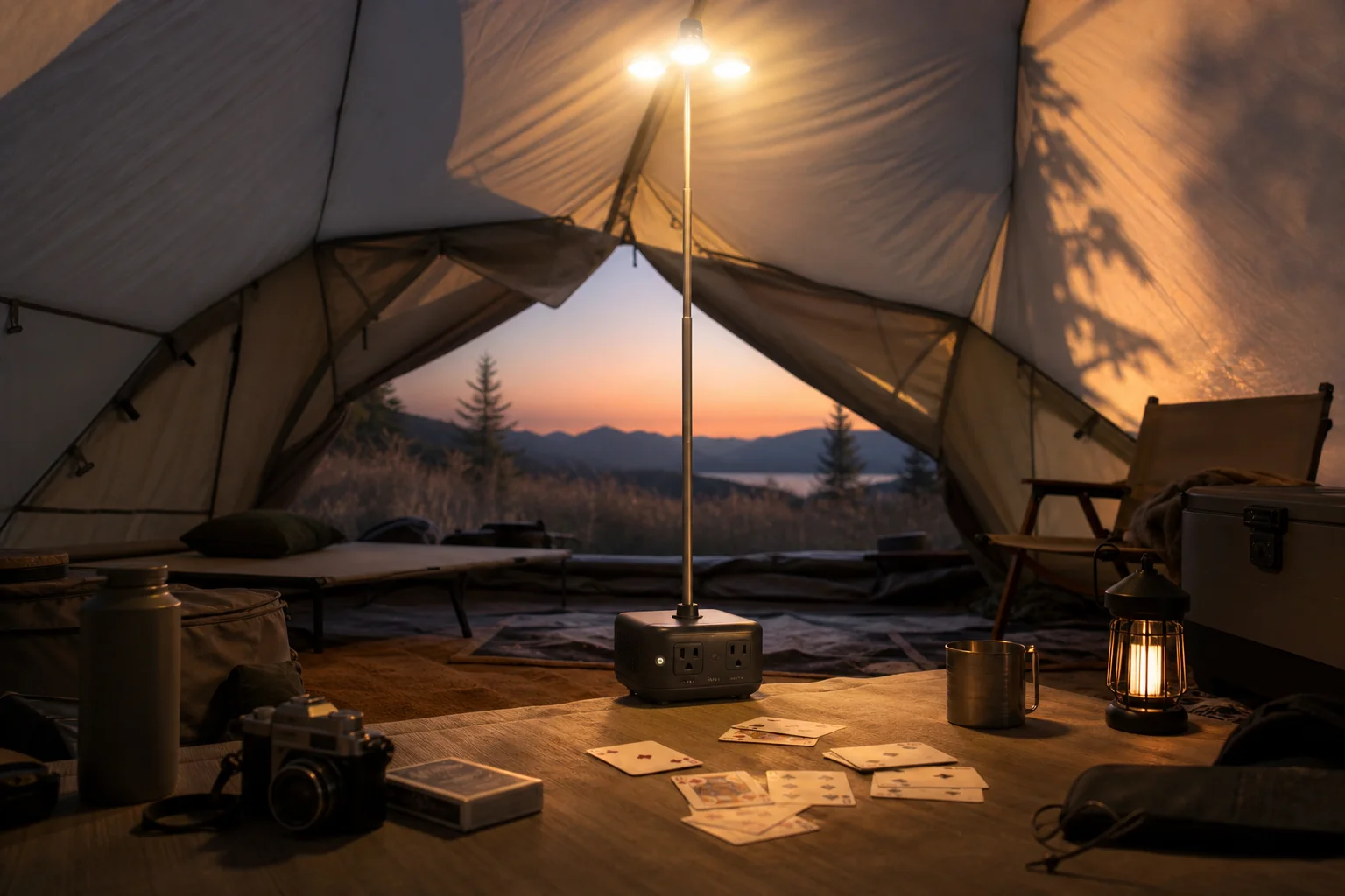 Portable power station with extended light pole illuminating camping tent interior