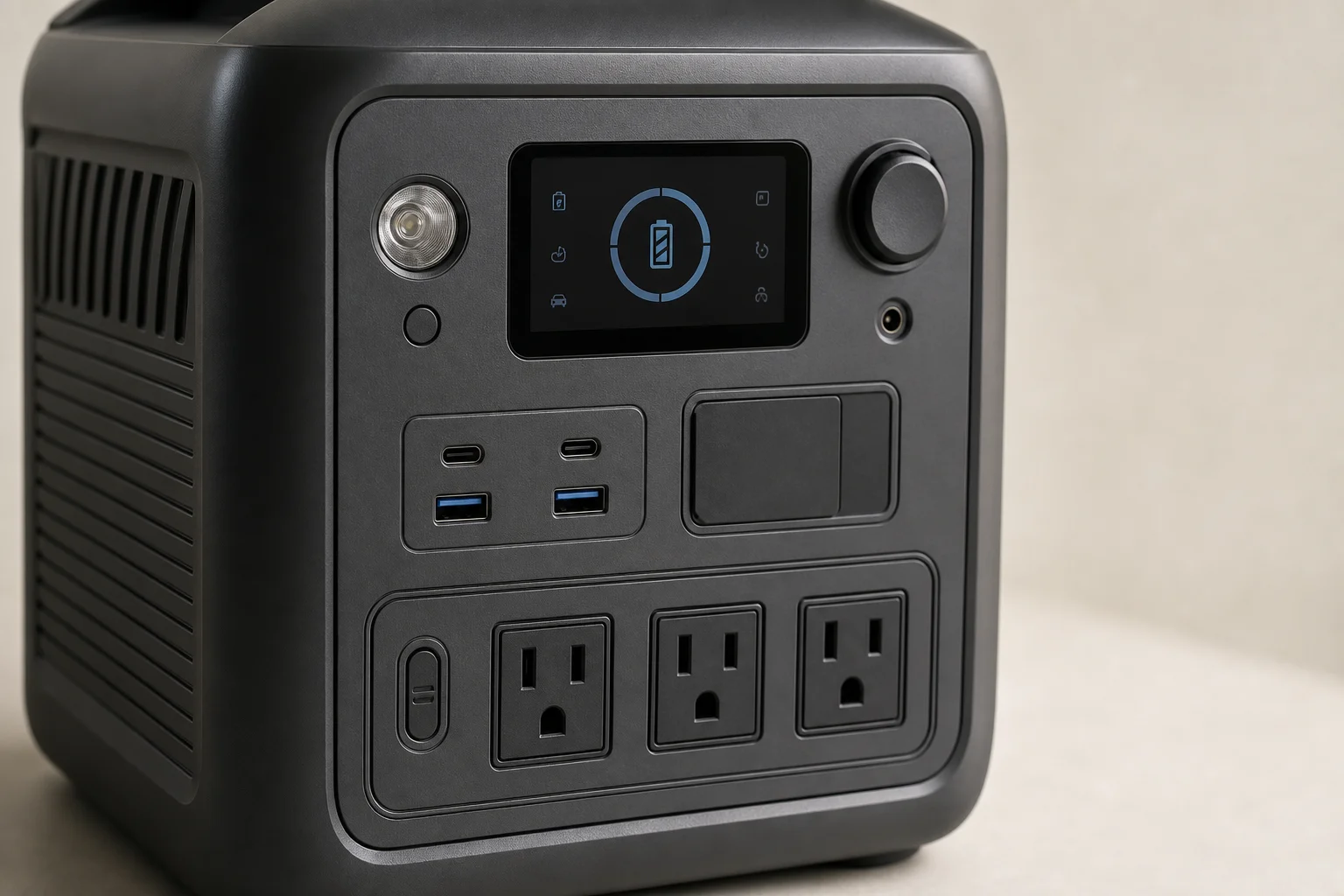 Close-up of power station front panel with multiple AC and USB ports