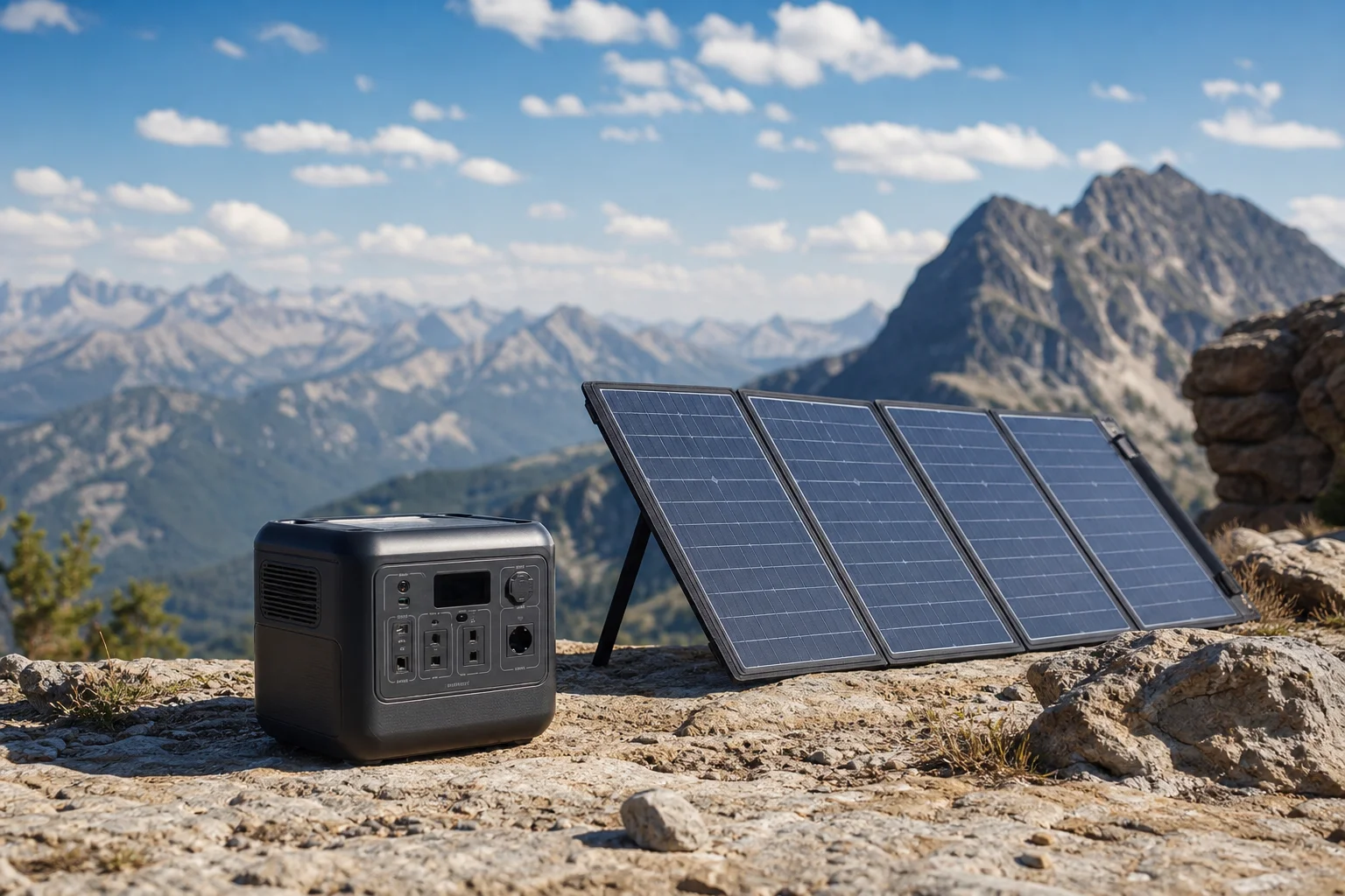 Portable power station with solar panels on mountain overlook in bright sunlight