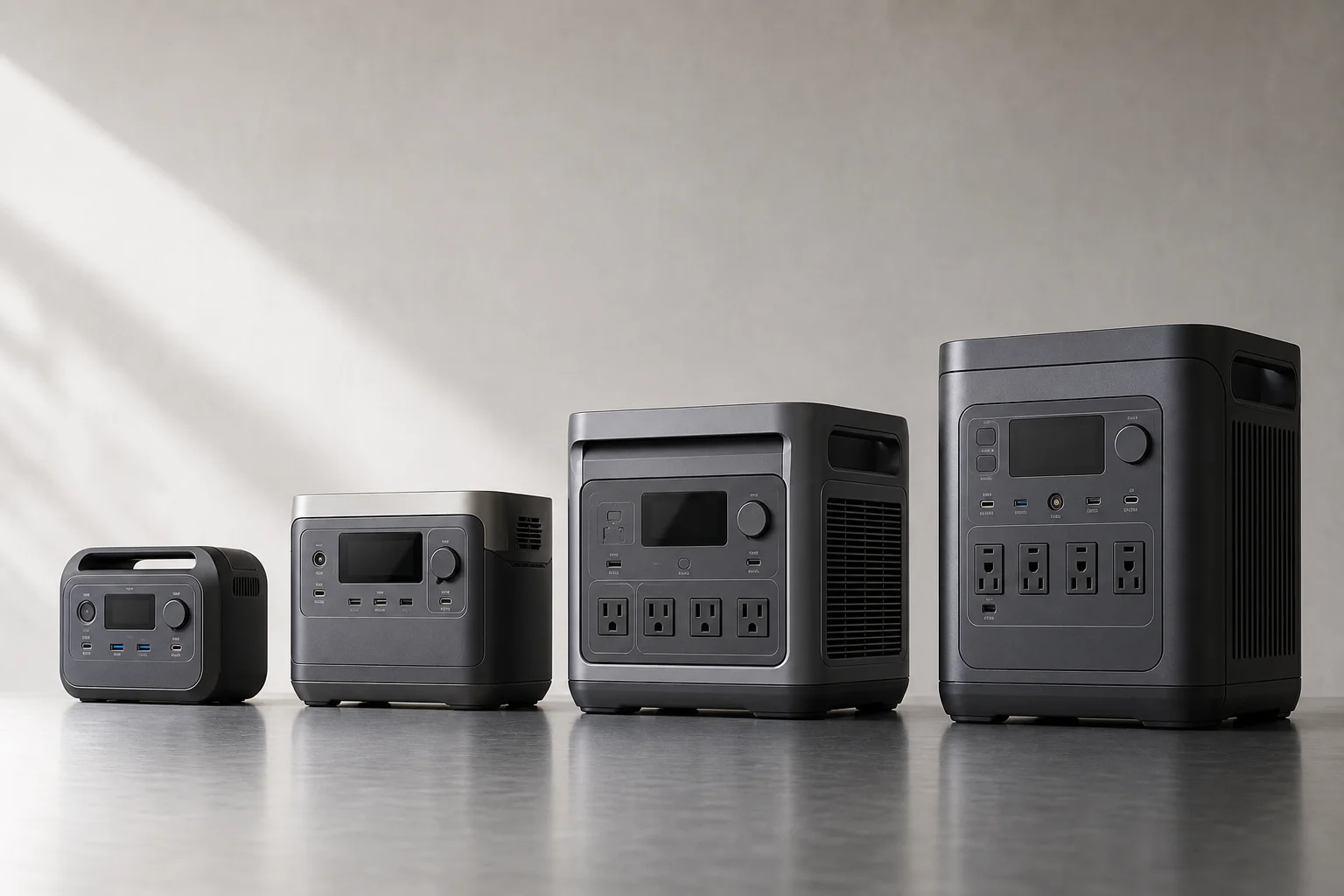 Four portable power stations arranged by size showing scale progression