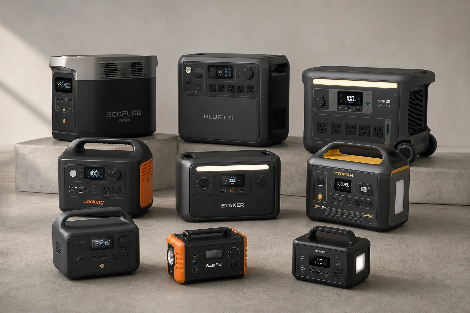 Nine portable power stations arranged by size from compact to large on concrete surface