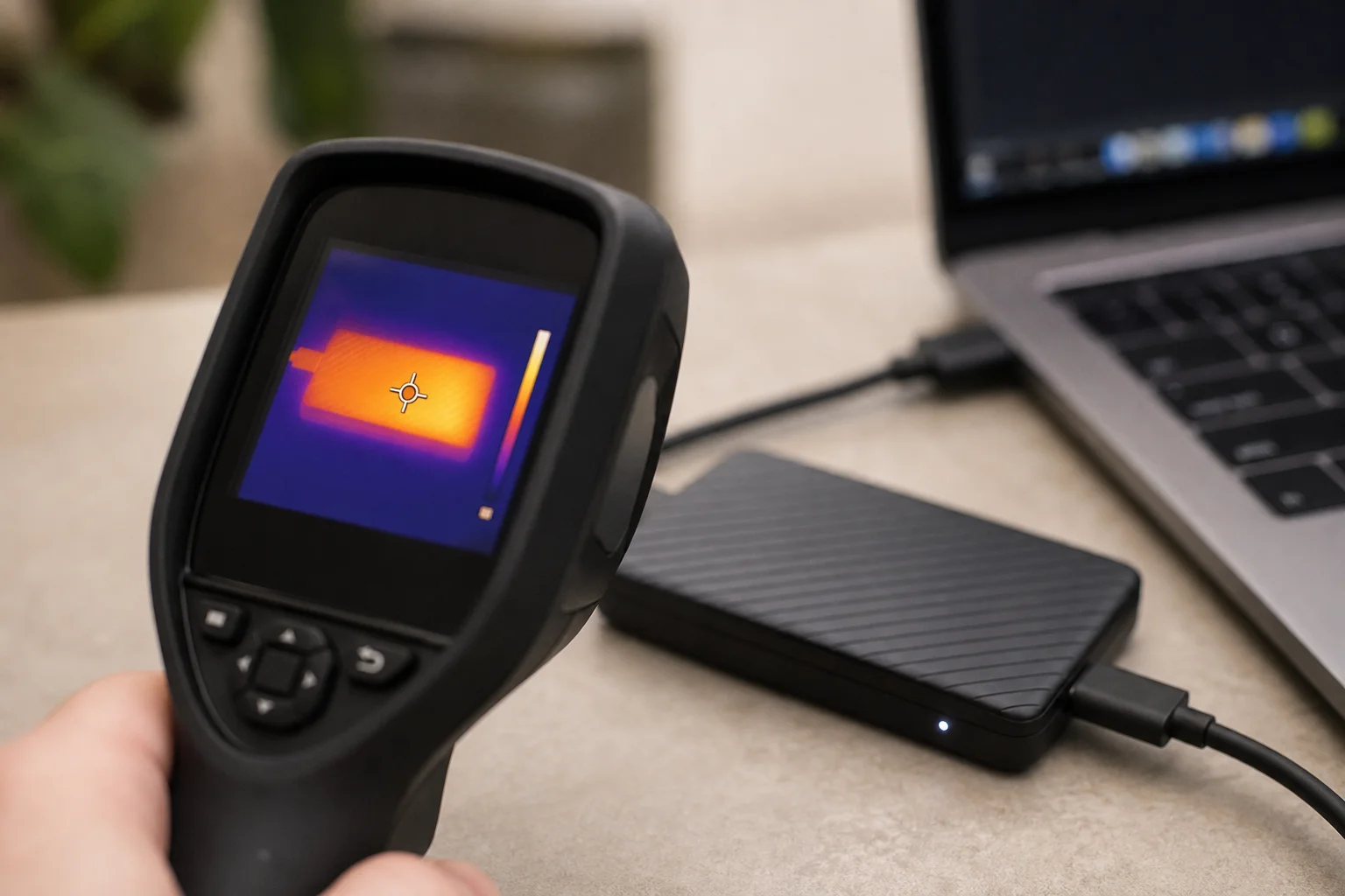 Närbild av temperaturmätare som visar SSD-värmehantering under dataöverföring