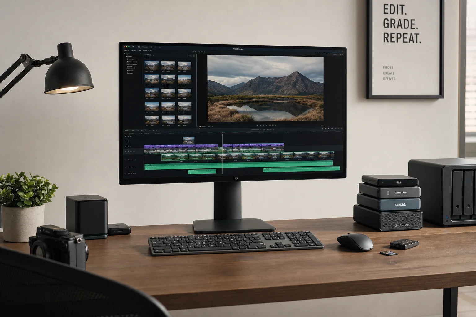 Videoredigeringsarbetsplats med flera externa enheter och en bildskärm som visar 4K-material