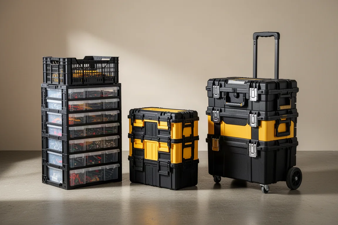 Three portable stacking tool storage systems side by side on a concrete floor