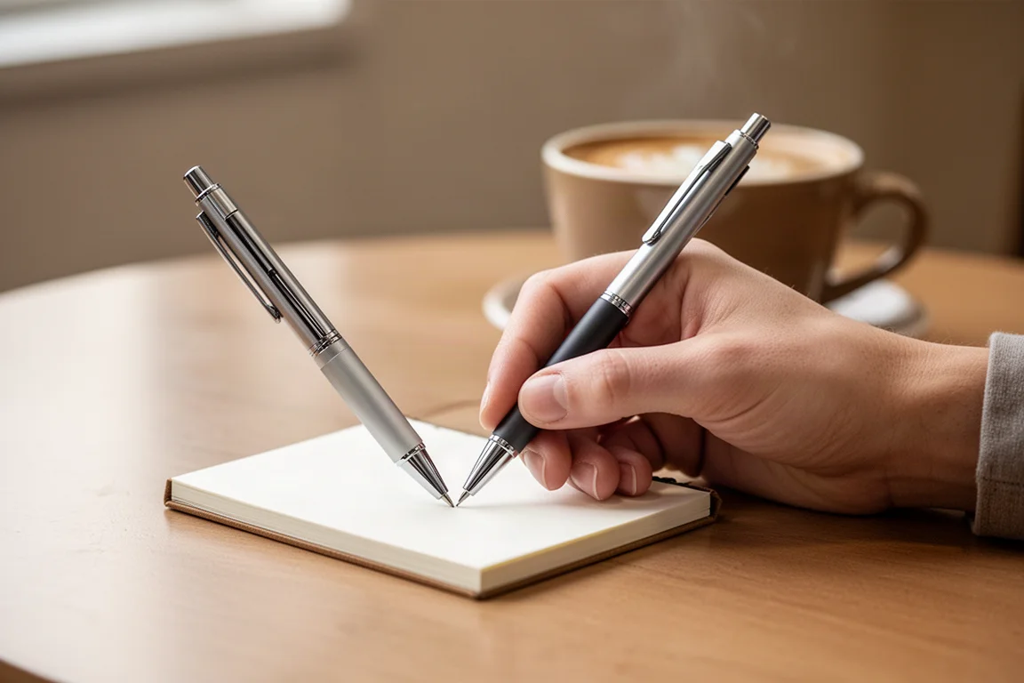 A person writing with a multi pen in a small notebook at a cafe table
