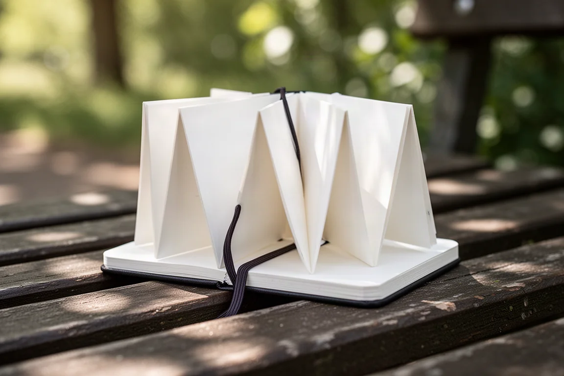 A small accordion-style sketchbook with an elastic closure open on a park bench