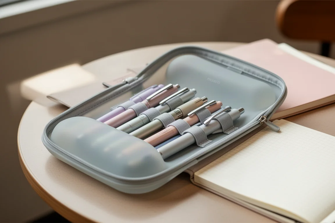 A soft silicone tray-style pen case unzipped into an open pen tray on a cafe table