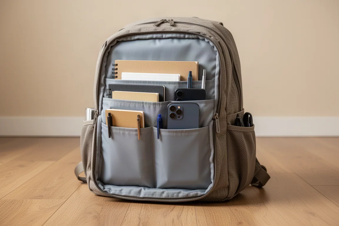 An organizer insert with multiple pockets tucked inside an open backpack