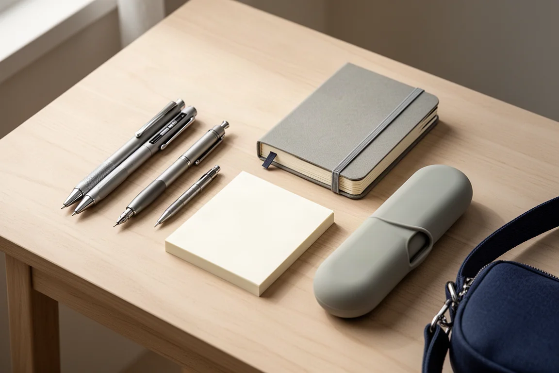Flat-lay of portable stationery including pens, memo pads, a sketchbook, and pen cases on a wooden desk