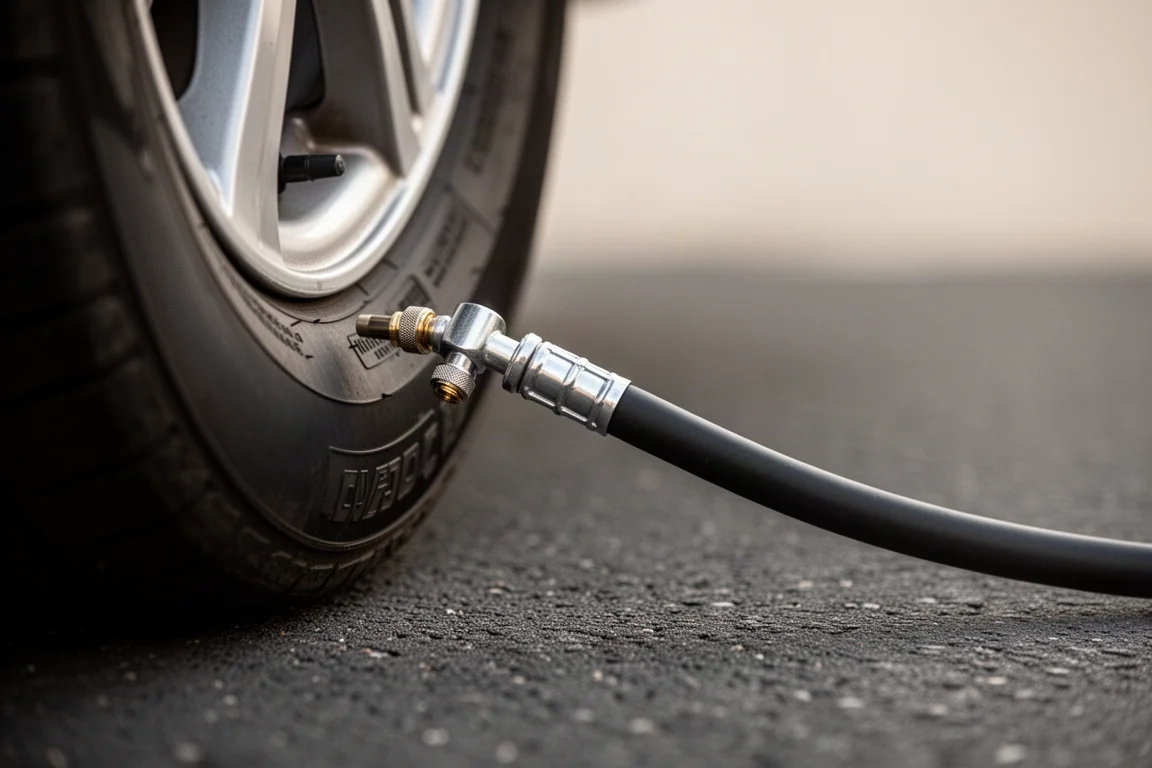 Nahaufnahme eines Kompressorschlauchs, verbunden mit einem Autoreifenventil auf Asphalt
