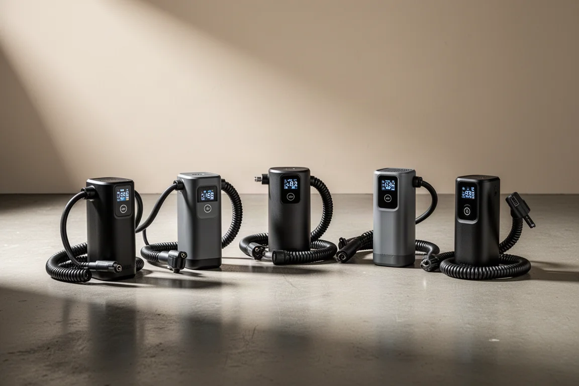 Six cordless portable tire inflators lined up on a concrete garage floor