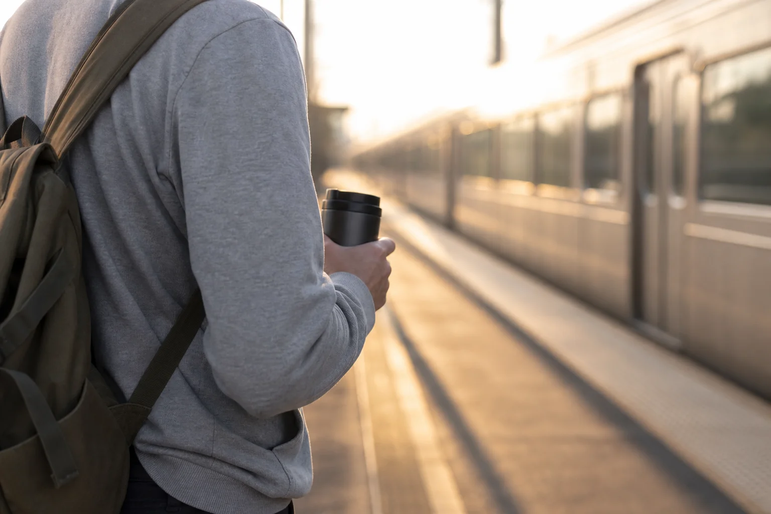 Commuter holding a travel coffee mug on a train platform at dawn